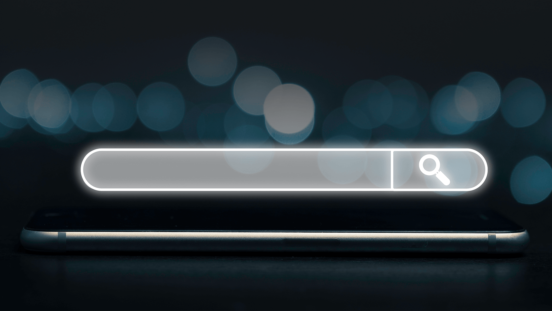 A digital search bar concept floating above a smartphone against a blurred light background, symbolizing advanced technology and information search.