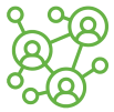 a green vector of circles connecting to each other with 3 circles having human like figures