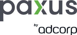 The image displays a logo consisting of the word "paxus" in lowercase letters with a unique design element on the letter "x". below the main word is "by adcorp" in smaller letters, also in lowercase, suggesting that paxus is a brand or a product owned by adcorp. the color scheme is a blend of black and gray shades.