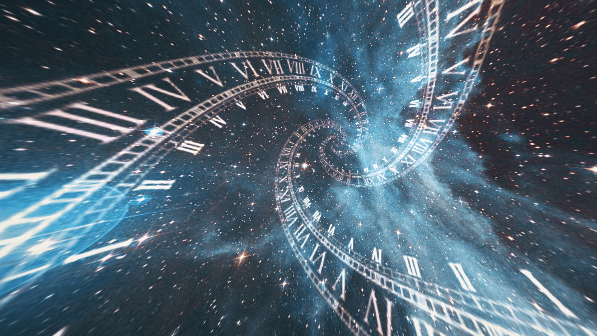 Time warp: a cosmic spiral of clock faces stretching into the infinity of space.
