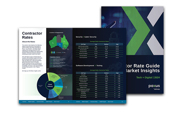 A professional presentation layout featuring multiple data charts, text sections with headers like "contractor rate guide" and "security - app security," and a modern design with dark backgrounds and green accents.