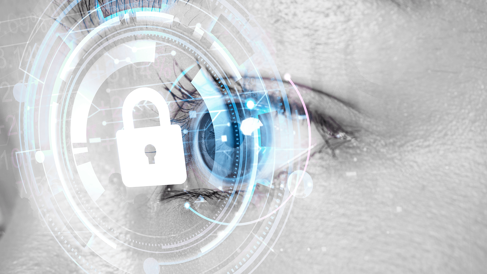 A close-up of a human eye overlayed with digital graphics symbolizing cybersecurity and data protection.