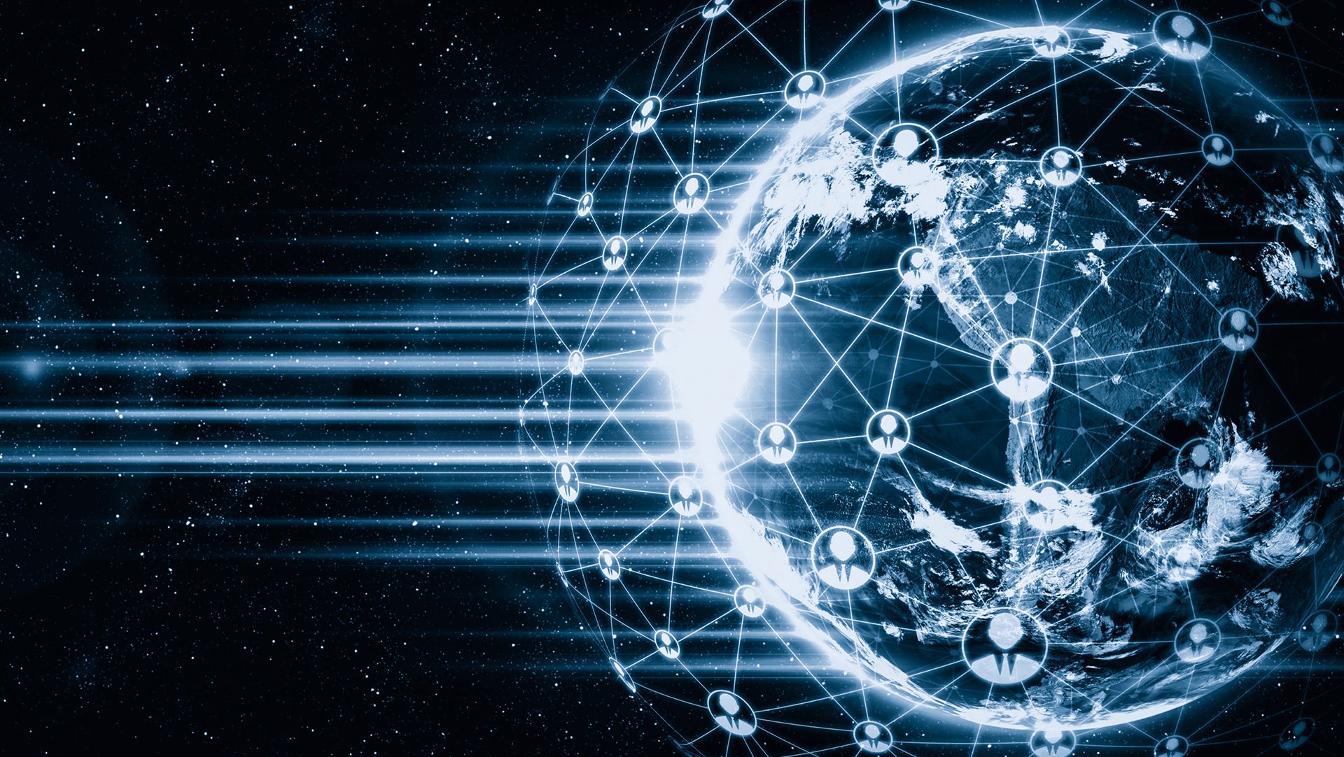 A digital representation of the earth with glowing network connections symbolizing global communication and data exchange on a backdrop of space.