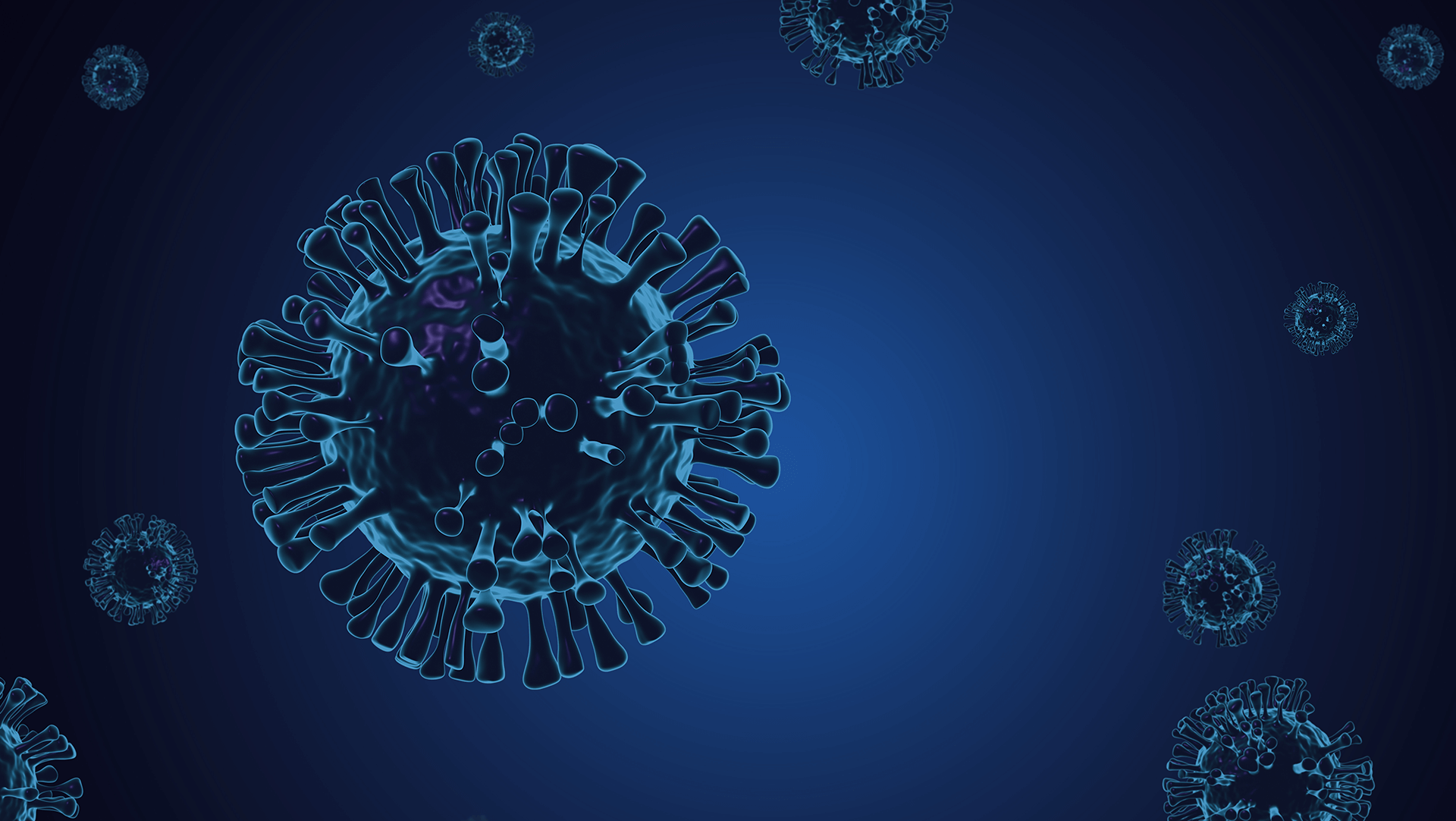 Digital representation of viruses in a dark microscopic view, highlighting the intricate structures of pathogens in a blue tone.
