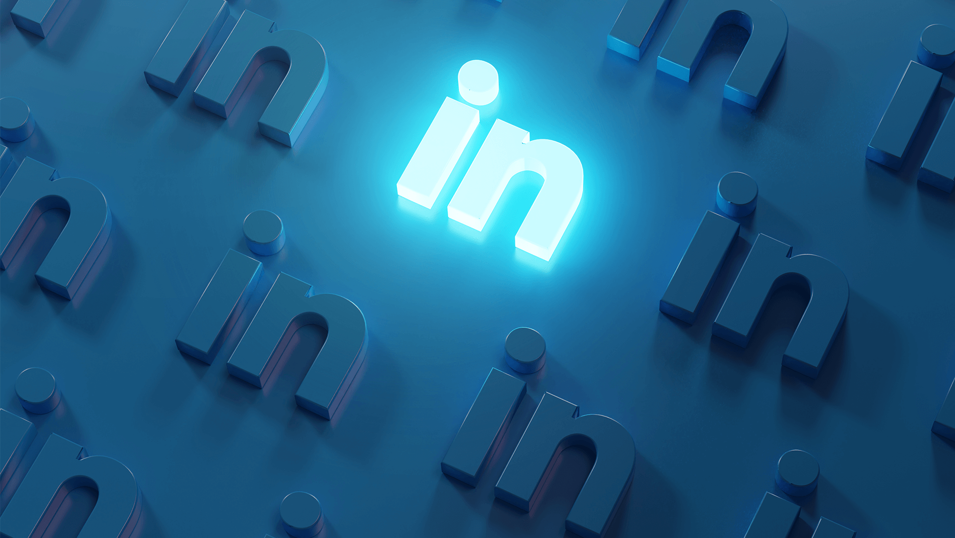 A collection of linkedin icons in different shades of blue, with the central icon illuminated and standing out from the rest.