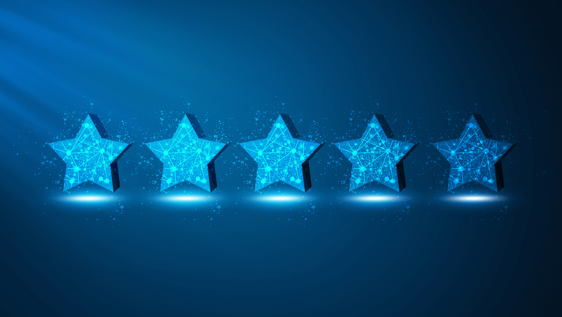 Five glowing blue stars with a digital network structure against a dark blue background, symbolizing high-quality rating or futuristic excellence.
