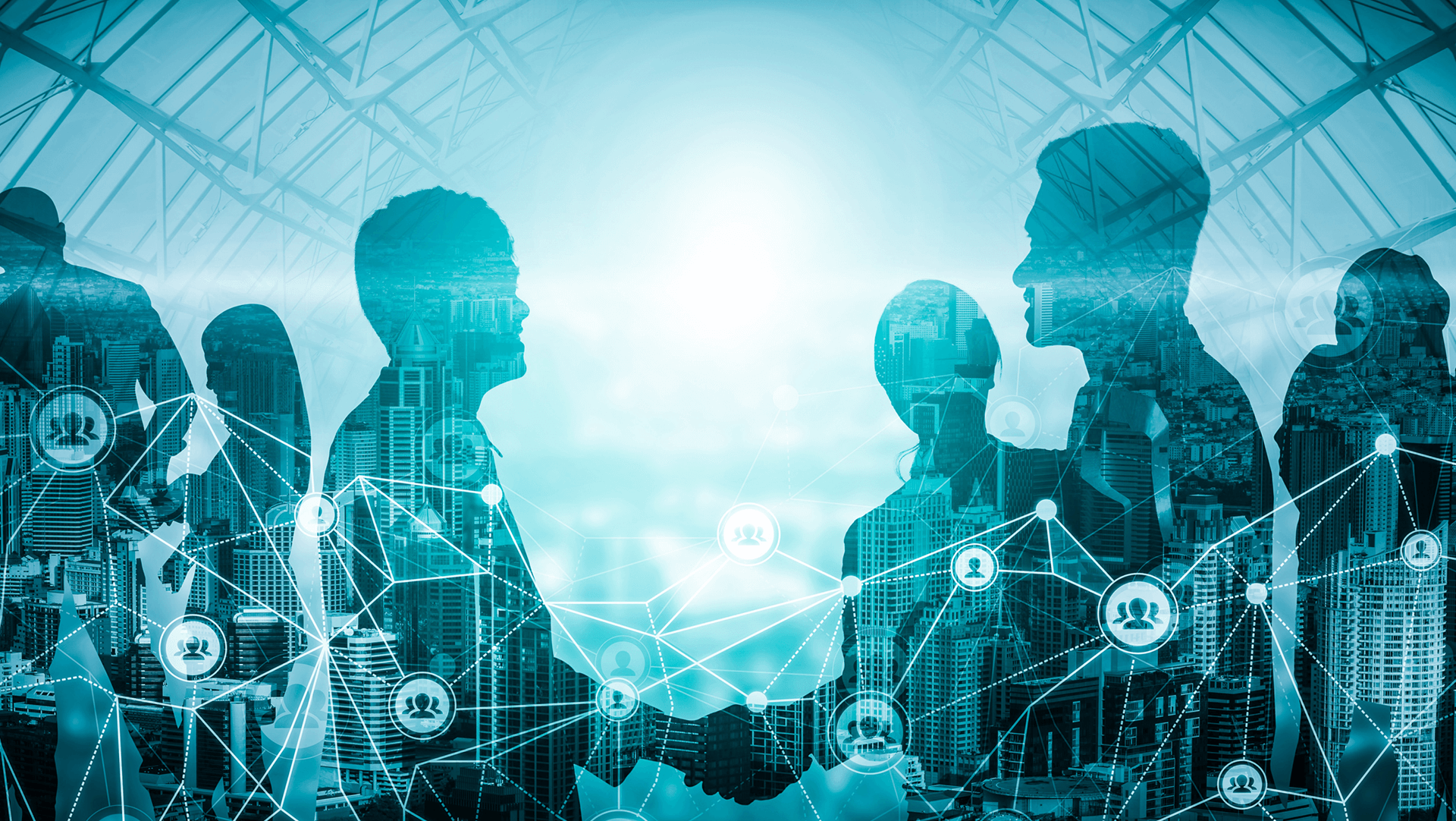 Silhouettes of business professionals overlaid on a futuristic cityscape with network connections symbolizing global communication and collaboration.