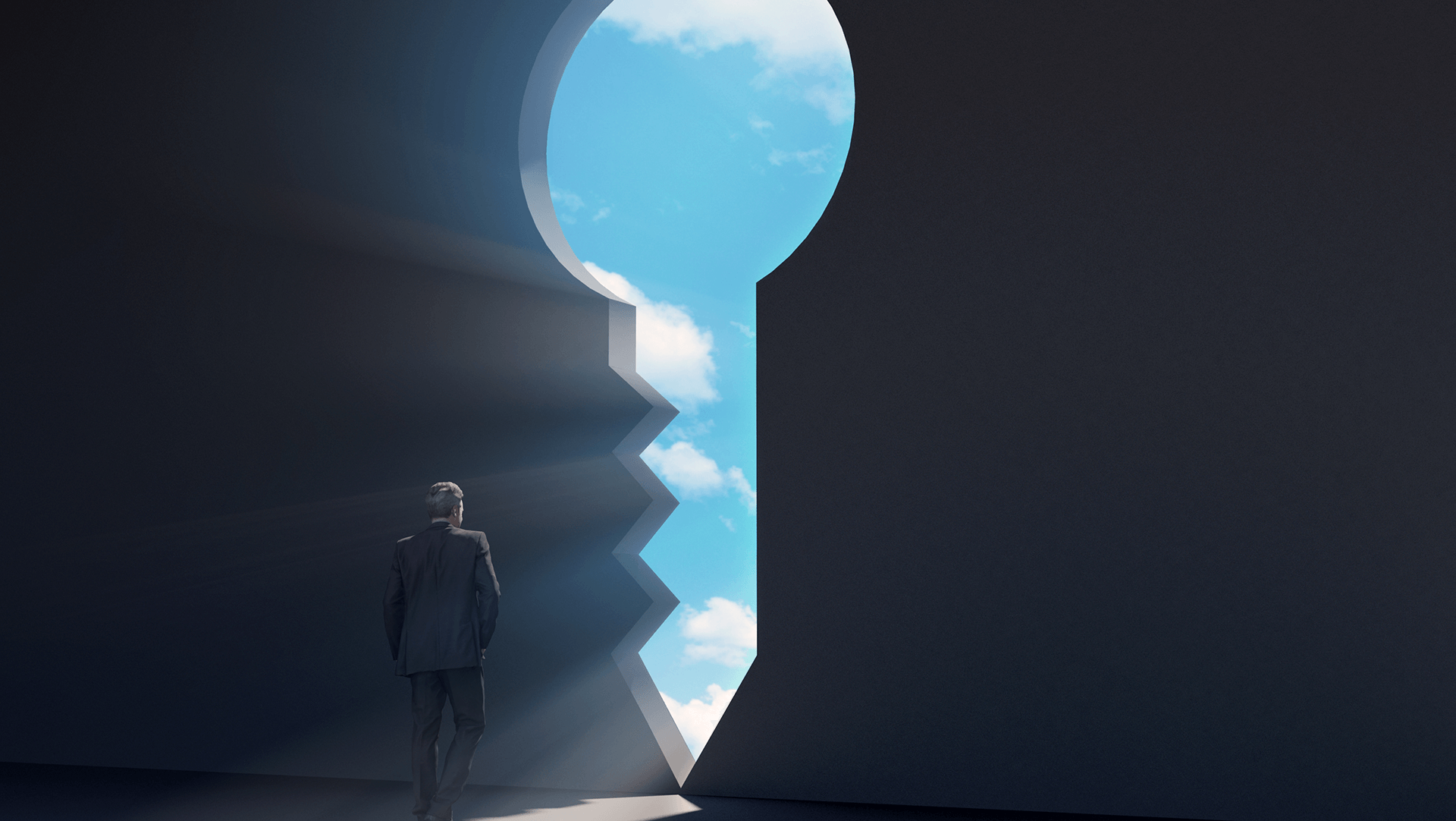 A businessman standing at the threshold of a giant keyhole-shaped doorway, looking out at the sky, symbolizing opportunity, discovery, and the unknown future.