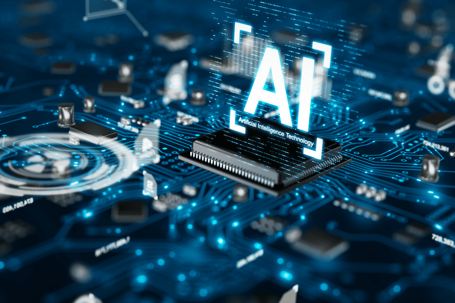 Ai at the core: a futuristic representation of artificial intelligence technology integrated into an advanced circuit board.