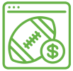 a green vector icon of a browser screen with a football and a dollar sign circle inside it