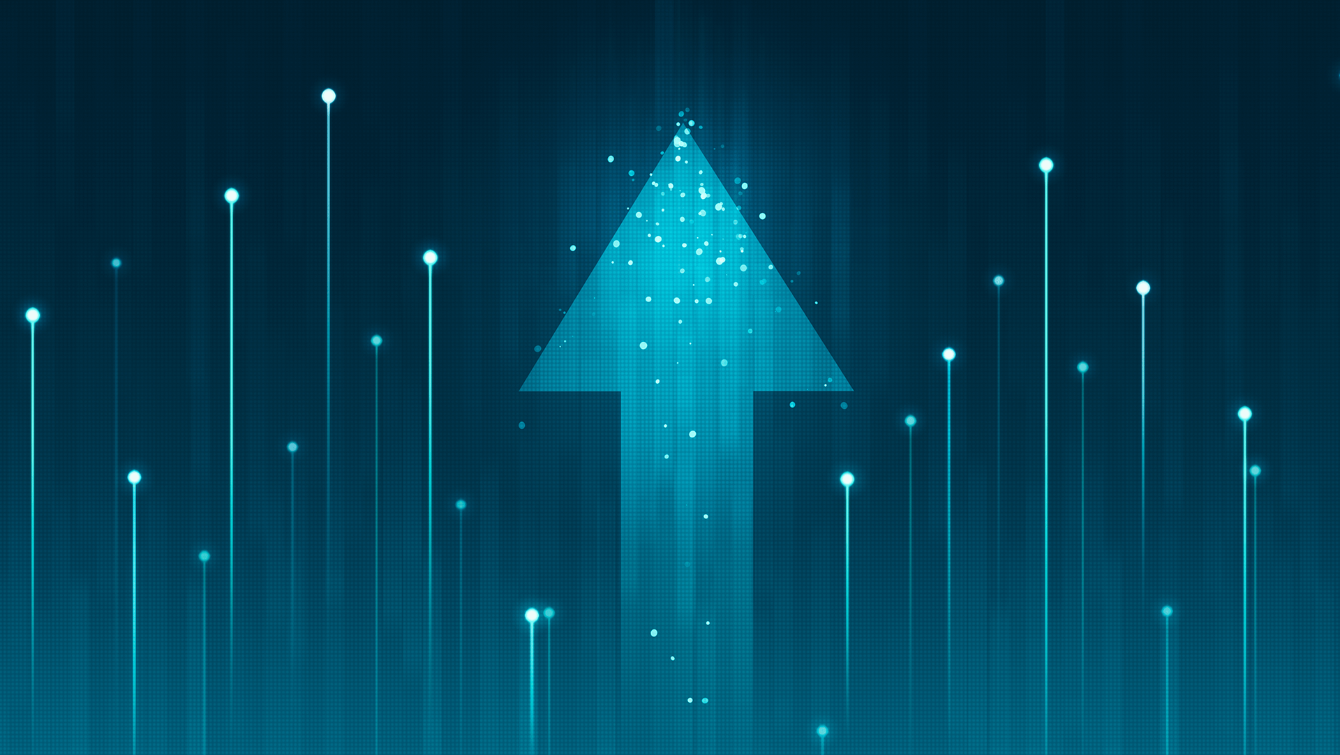 Digital growth concept with a glowing upward arrow and dynamic lines on a blue abstract background.