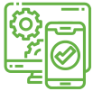 a green vector of a computer screen with cogwheels and a mobile screen with a tickmark