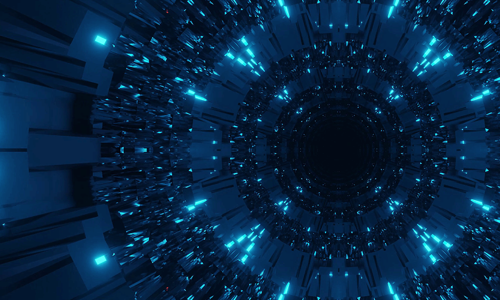 Abstract image of a futuristic blue tunnel with digital patterns and lights.