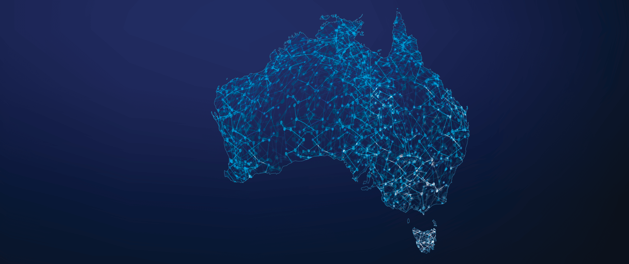 A digital wireframe representation of the continent of australia, including tasmania, set against a dark blue background, evoking a sense of technological integration or futuristic mapping.