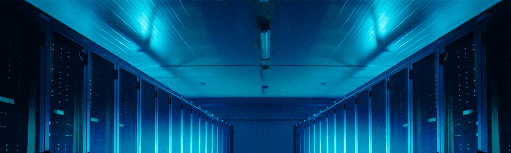 A dimly lit futuristic data center with rows of server racks casting blue lights, emblematic of high-tech and cybersecurity.
