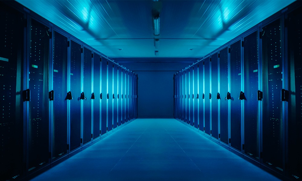 Large server room with a blue filter
