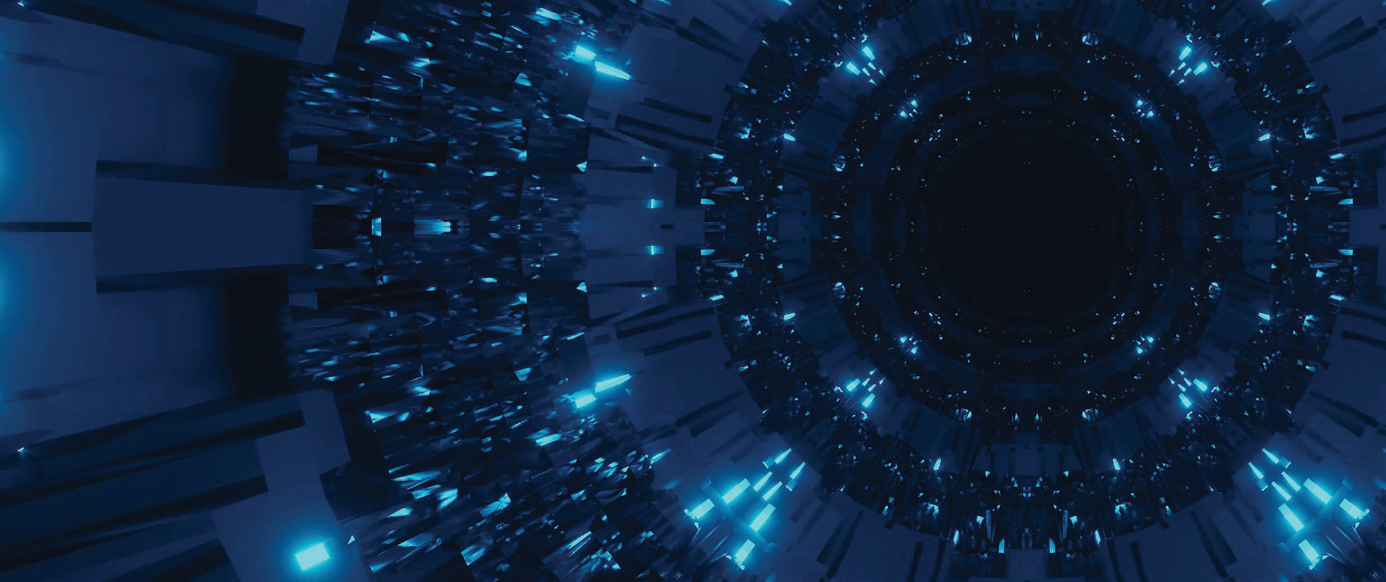 Abstract image of a futuristic blue tunnel with digital patterns and lights.