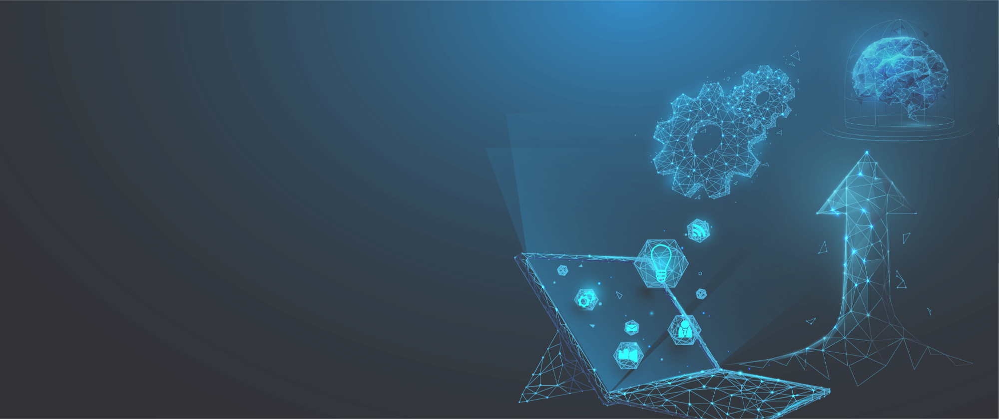 Digital transformation and innovation concept: a laptop with holographic projections of 3d models, data structures, and connectivity arrows on a dark blue background, depicting advanced technology and futuristic computing.