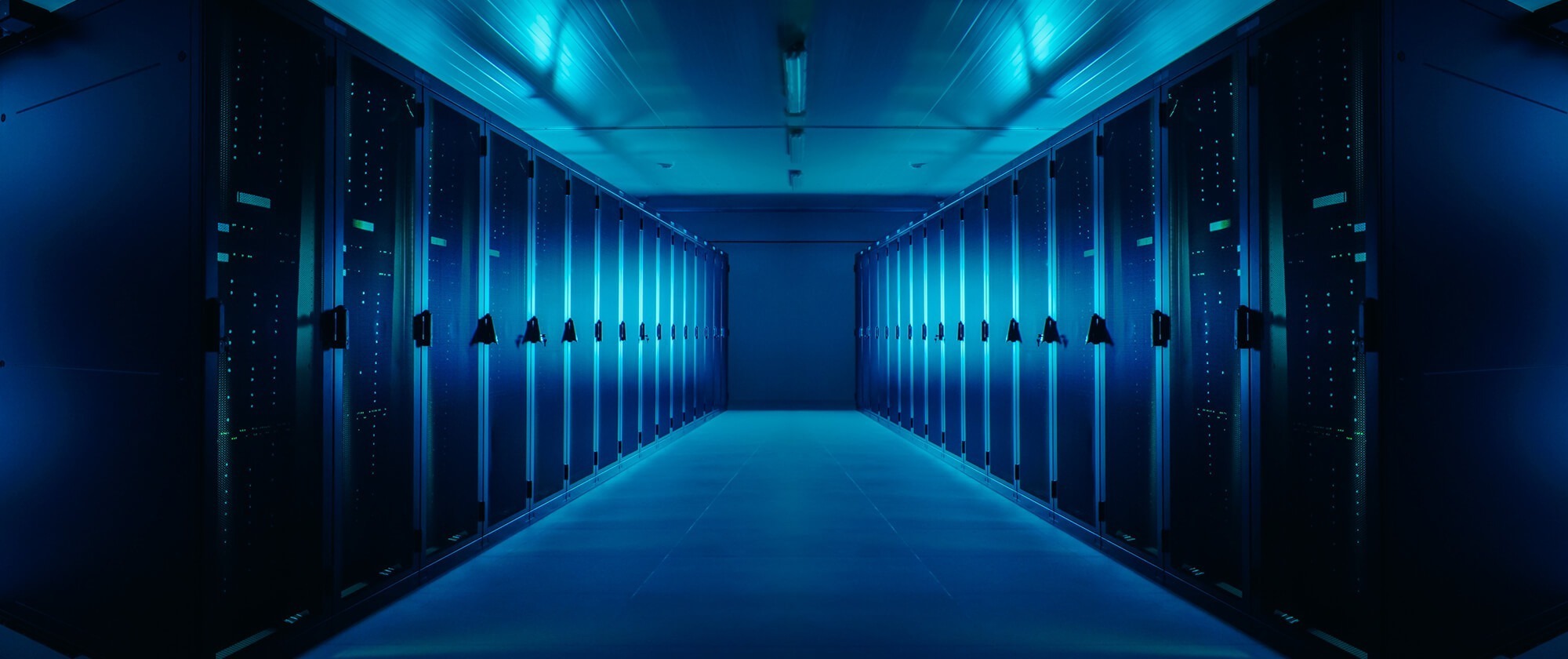 Large server room with a blue filter