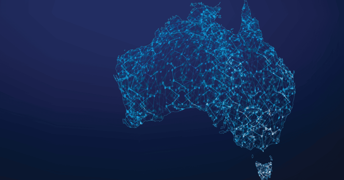 A digital wireframe representation of the continent of australia, including tasmania, set against a dark blue background, evoking a sense of technological integration or futuristic mapping.