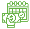 a green vector of a calendar and a hand with a dollor sign note