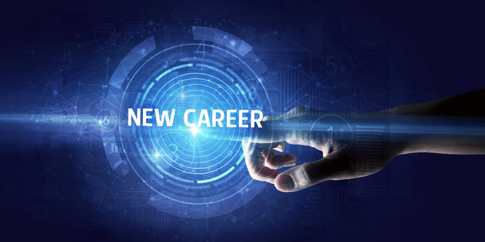A person's hand interacting with a futuristic interface selecting a "new career" option, symbolizing the beginning of a new professional path facilitated by advanced technology.